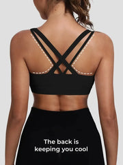 Cross-back yoga sports bra with secure stay-put straps