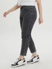 Black straight leg jeans with loose, comfortable relaxed cut