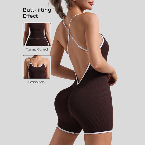 Yoga Exercise Seamless Cross-Back Jumpsuit with Built-In Shorts