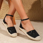 Sequined fisherman sandals with shimmering cloth upper and round toe