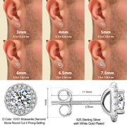 Moissanite flower halo studs with secure claw settings holding each stone
