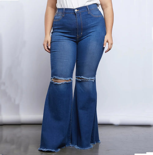 Plus Size Distressed Flared Jeans in blue wide-leg denim