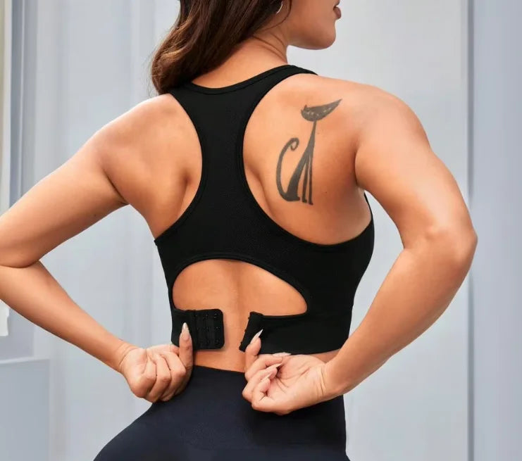 Black seamless sport bra tank top, breathable fit