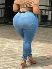 Blue stretchy denim-style trousers with functional pockets