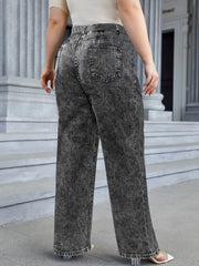 High-waist plus size jeans with zipper fly and clean solid finish