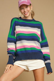 Crew neck acrylic-cotton blend sweater in bright green stripes