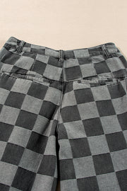 Dark Grey Checkered Wide Leg Jeans in polyester cotton blend