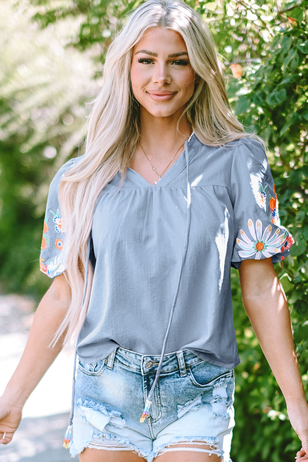 Aqua Floral Embroidered Puff Sleeve Split Neck Blouse