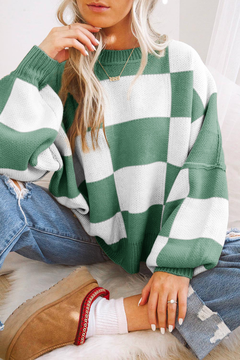 Green checkered knit bishop sleeve sweater in sage green tone