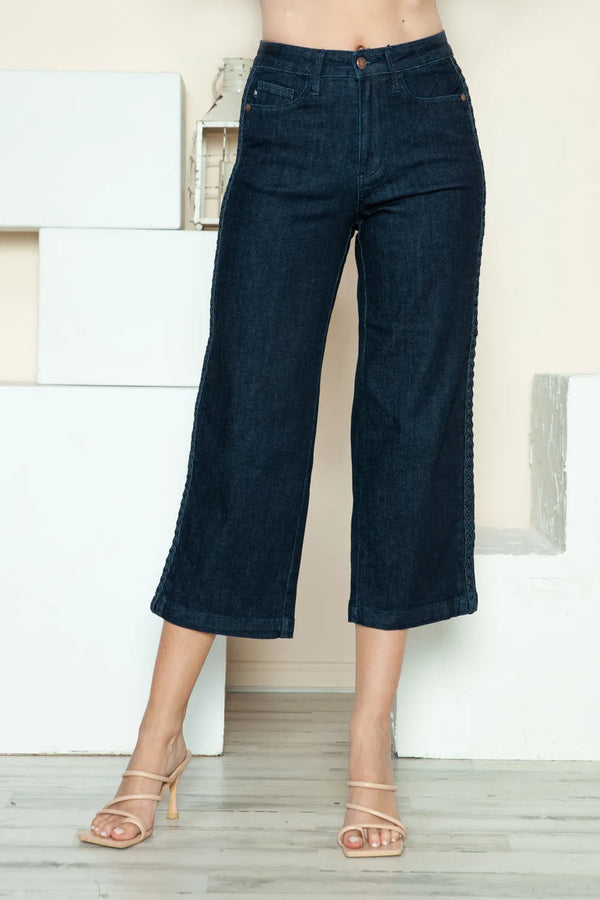 Judy Blue Jeans — Braid Detail Crop Wide Leg High-Rise Denim