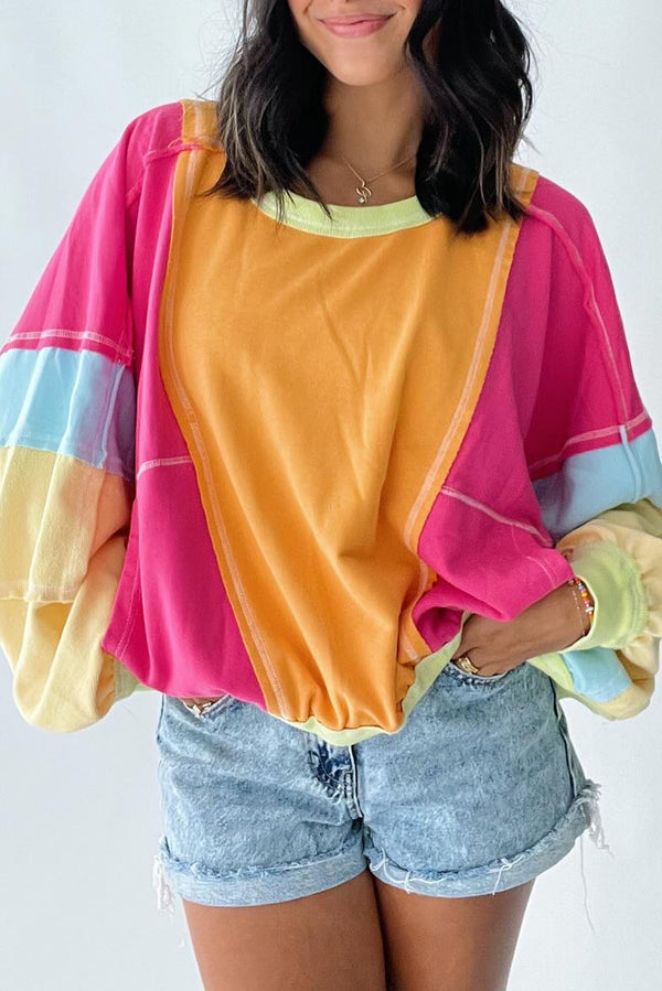 Womens Sweatshirt Plus Size Rose Red Colorblock Patchwork Exposed Seam