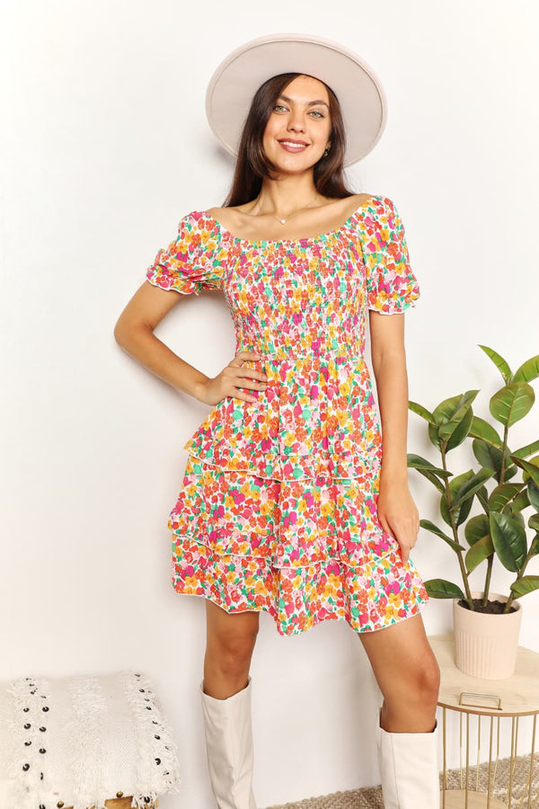 Floral Smocked Sweetheart Flounce Sleeve Mini Dress