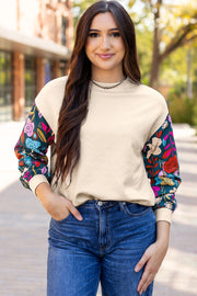 White contrast floral sleeve textured knit top with drop shoulder cut