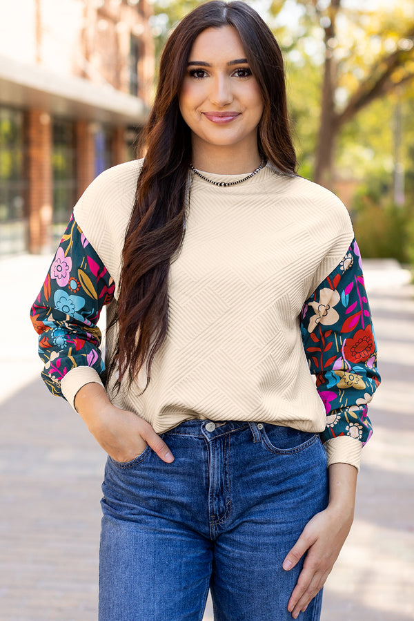 Floral Sleeve Contrast Textured White Long Sleeve Top
