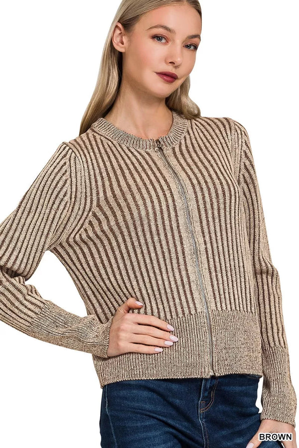 Ribbed Cardigan Sweater — Two-Tone Zip-Up in Brown