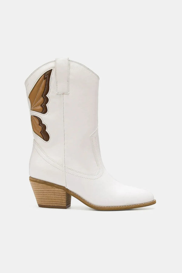 Leather Boots with Butterfly Cut-Out Point Toe – Mid Heel White Boots