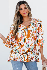 Abstract print blouse with cropped 3/4 length sleeves