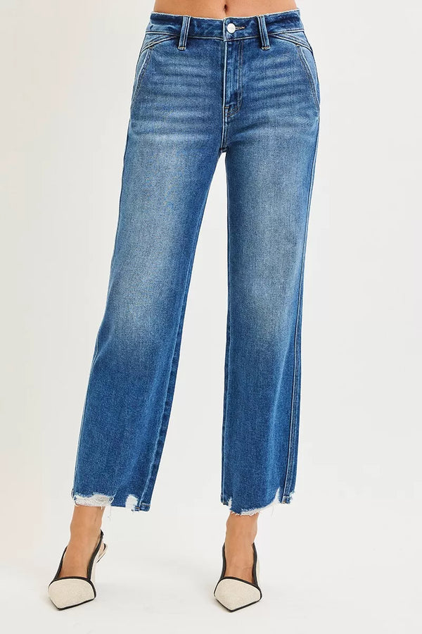 RISEN High Rise Ankle Straight Jeans with Distressed Hem