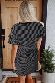 Black stripe t-shirt mini dress showing ruffled short sleeves