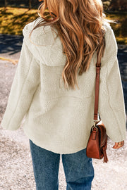 Pale khaki fleece zip-up hooded jacket, full-length zip front