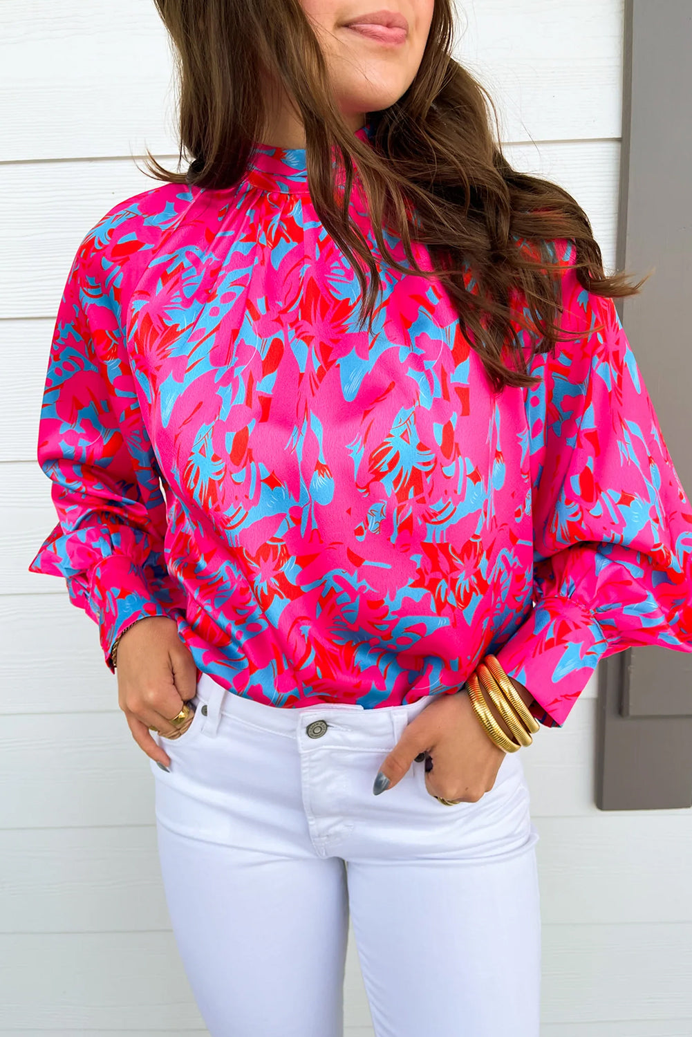 Purple printed bubble sleeve mock neck blouse with abstract all-over print