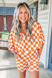 High-stretch checkerboard lounge set with relaxed shorts and loose tee