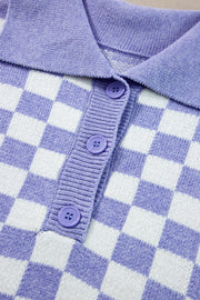 Purple plaid collared button sweater with long dropped-shoulder sleeves