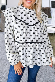 White Bow Knot Print Ruffle Neck Blouse in white with all-over bow print