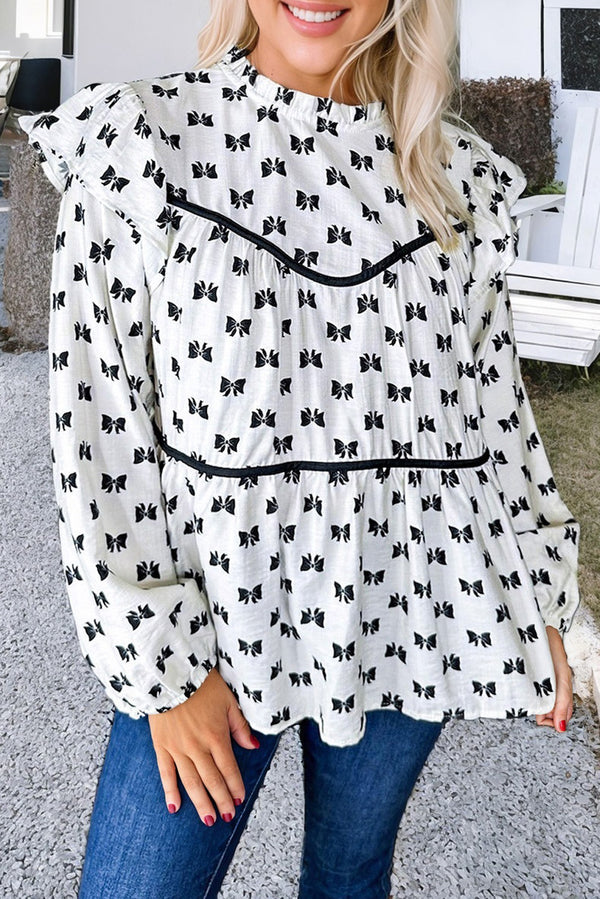 White Blouse with Bow Knot Print, Ruffled Neck & Puff Sleeves