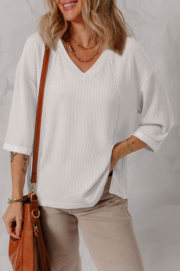 White Corded Drop Shoulder 3/4 Sleeve V-Neck Top