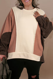 Warm brown colorblock hoodie with roomy easygoing fit