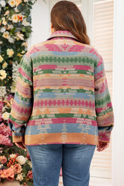 Aztec print plus size shacket with long sleeves and relaxed shift fit
