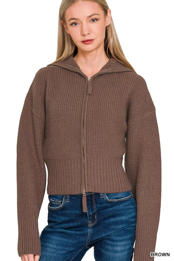 Ribbed Collared Zip-Up Cardigan Sweater in Brown — Zenana