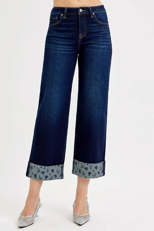 Polka-Dot Cuff Wide-Leg Cropped Jeans (Plus Size)