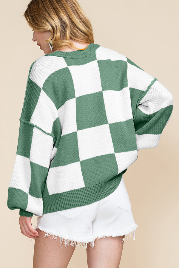 Green Checkered Bishop Sleeve Knit Sweater