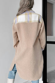 Smoke gray sherpa long coat showing button-up front closure