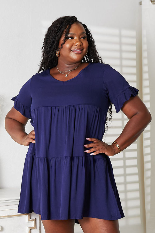 Mandy Womens Dress - V-Neck Flounce Sleeve Tiered A-Line