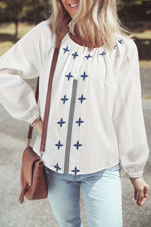 White Blouse with Geometric Embroidery — Long Sleeve Buttoned Cotton Top