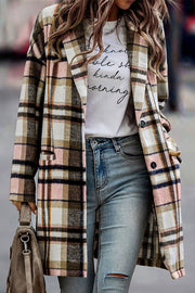 Pink plaid button-up jacket in relaxed shift silhouette
