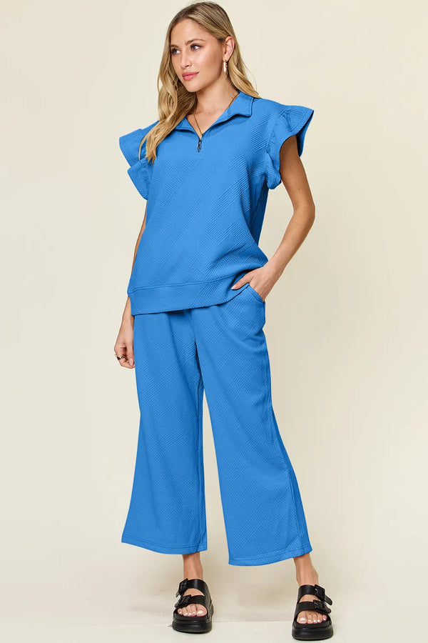 Khaki Wide Leg Pants & Ruffle Top Two-Piece Set