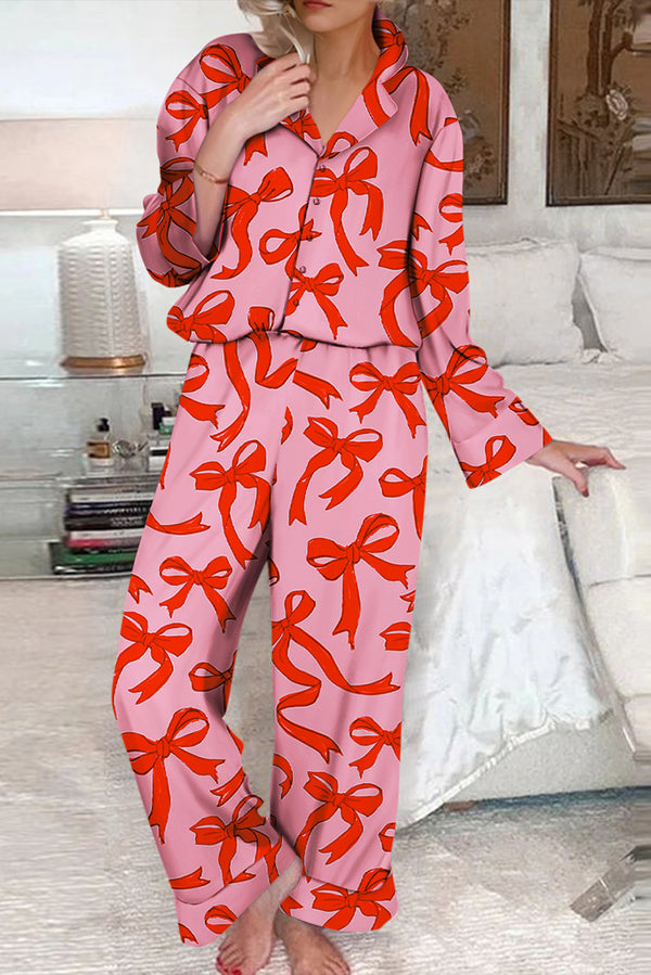 Pink Bow Print Long Sleeve Pajama Set