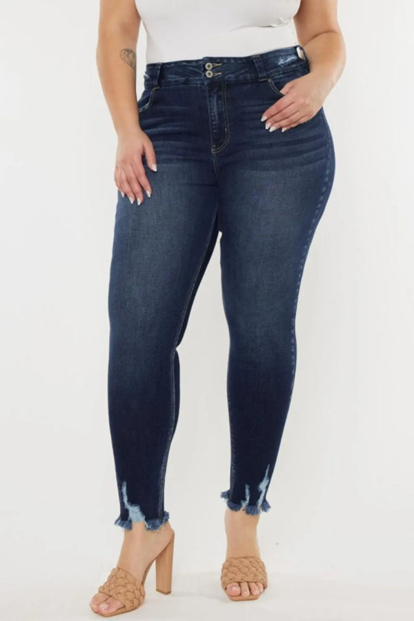 High Waisted Jeans with Cat's Whiskers & Raw Hem in Dark Wash