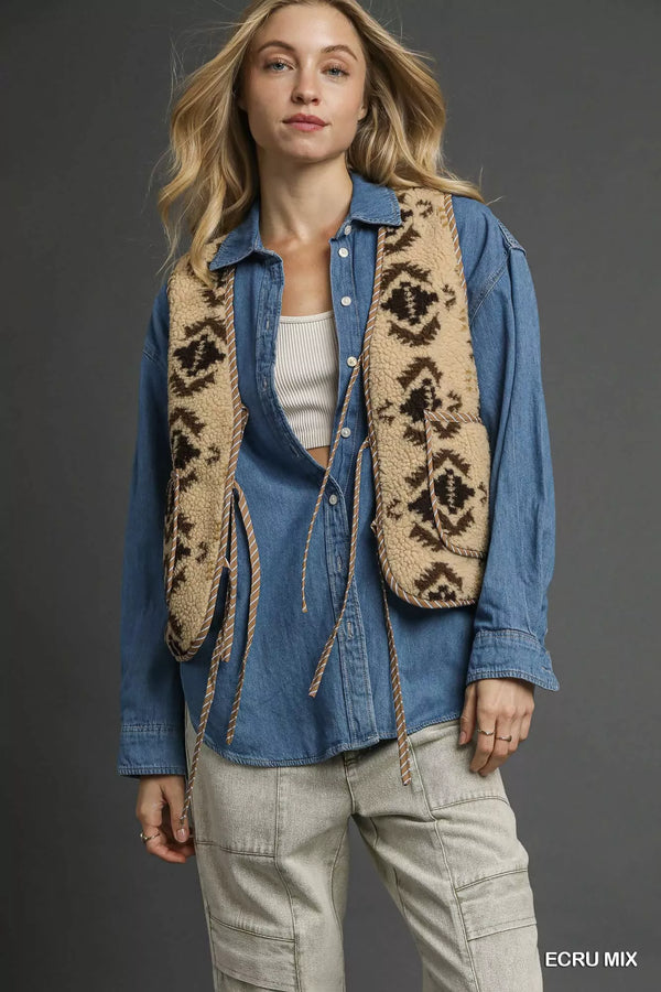 Sherpa Mix-Pattern Tie-Front Vest — Umgee