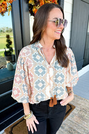 Tassel tie detail on khaki split-neck bohemian blouse