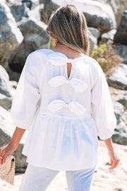 White Cutout Back Blouse showing bow knot tie detail