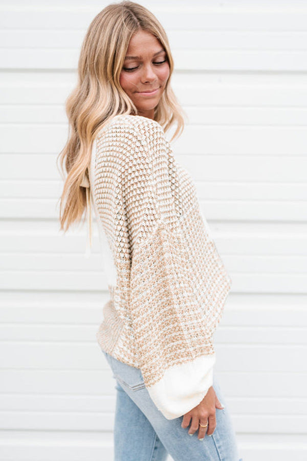 Oversized Long Sleeve Knit Top in Oatmeal — Mixed Pattern with Keyhole Tie