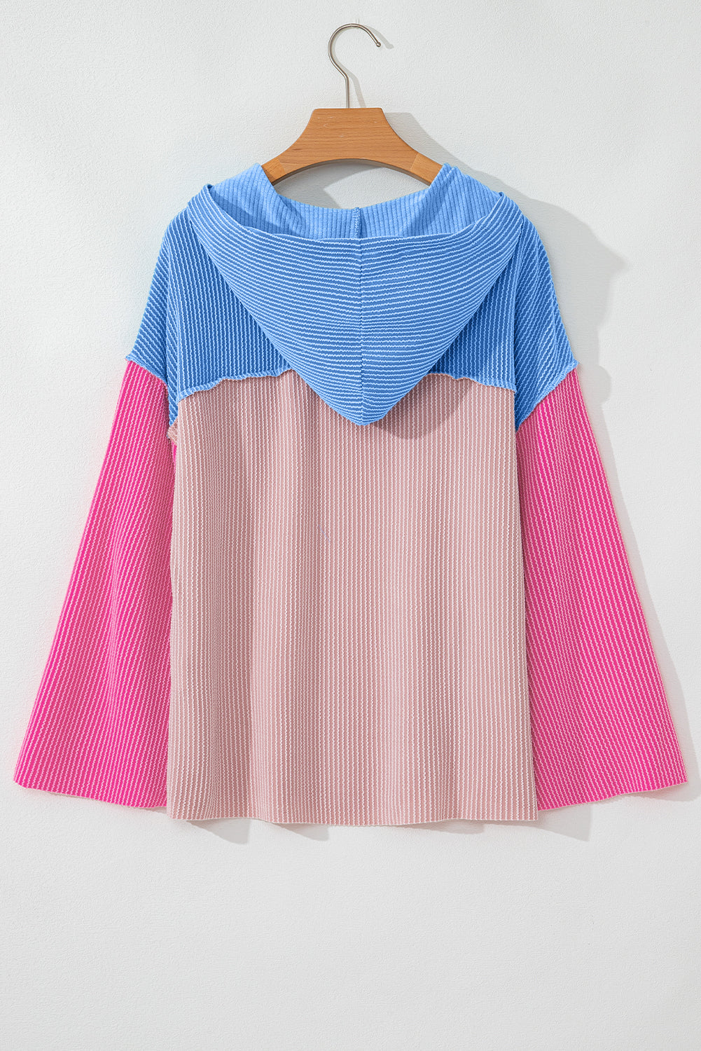 Pink Color Block Patchwork Corded Knit Hooded Blouse