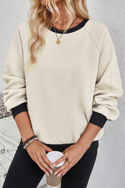 Raglan Sleeve Crew Neck Top with color block edges and relaxed shift fit