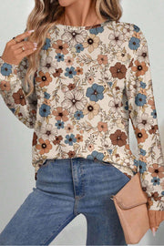 Khaki floral crew neck long sleeve top with relaxed loose fit