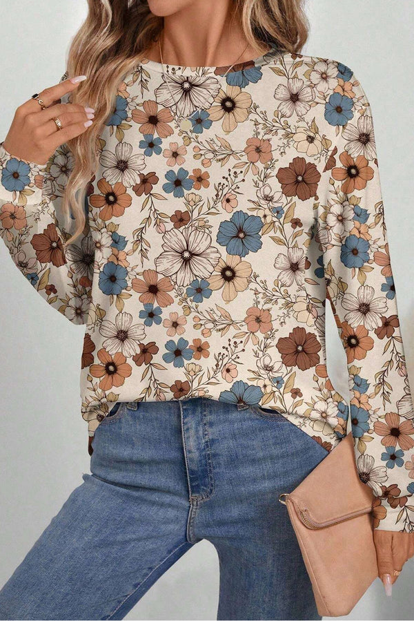 Khaki Floral Loose Crew Neck Long Sleeve Top